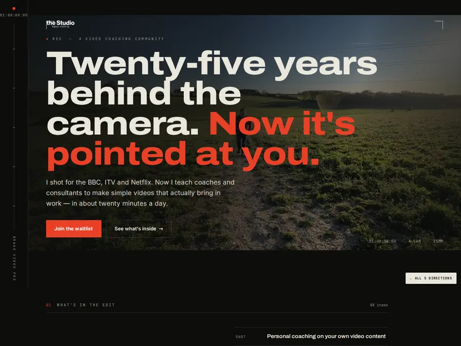 Direction 1 preview: dark cinematic layout with a timecode rail