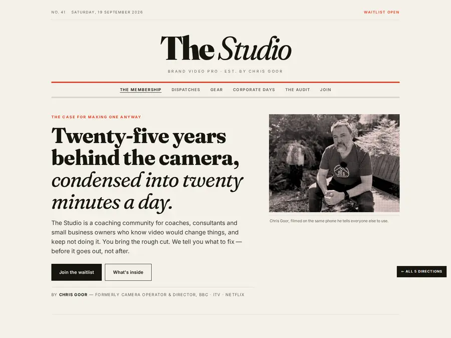 Direction 5 preview: newspaper masthead with serif display type